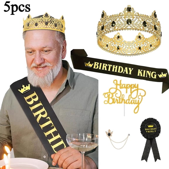 5 Pcs Men's Birthday King Accessory Set - Golden Crown, Black Sash, Badge Pin, Brooch Lanyard & Cake Topper, Party Decorations for Birthday, Carnival & Mardi Gras