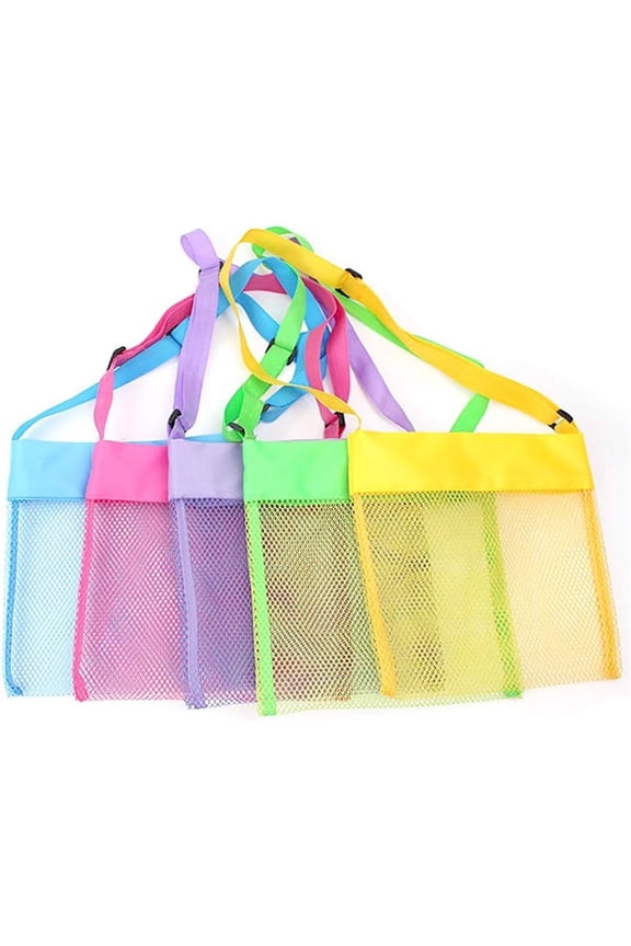 5 Pcs Mesh Beach Bags, Portable Colorful Sea Shell Bags with Adjustable Shoulder Strap