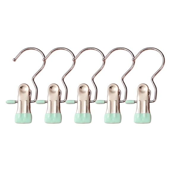 5 Pcs Metal Laundry Hooks with Clips, Reusable Heavy Duty Clothes Pins for Home Travel Use, 360° Rotating Stainless Steel Portable Clips for Closet Pants Hats Socks Towels Storage,Light Green