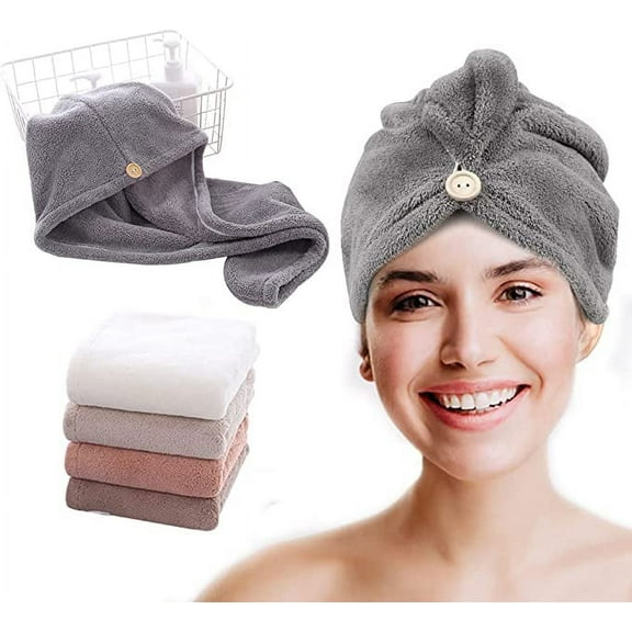 5 Pcs Microfiber Hair Towel Wrap with Button, Super Absorbent Hair Turbans for Curly Hair Fast Drying Hair Wraps Cap Bath Head Hair Hat for Women