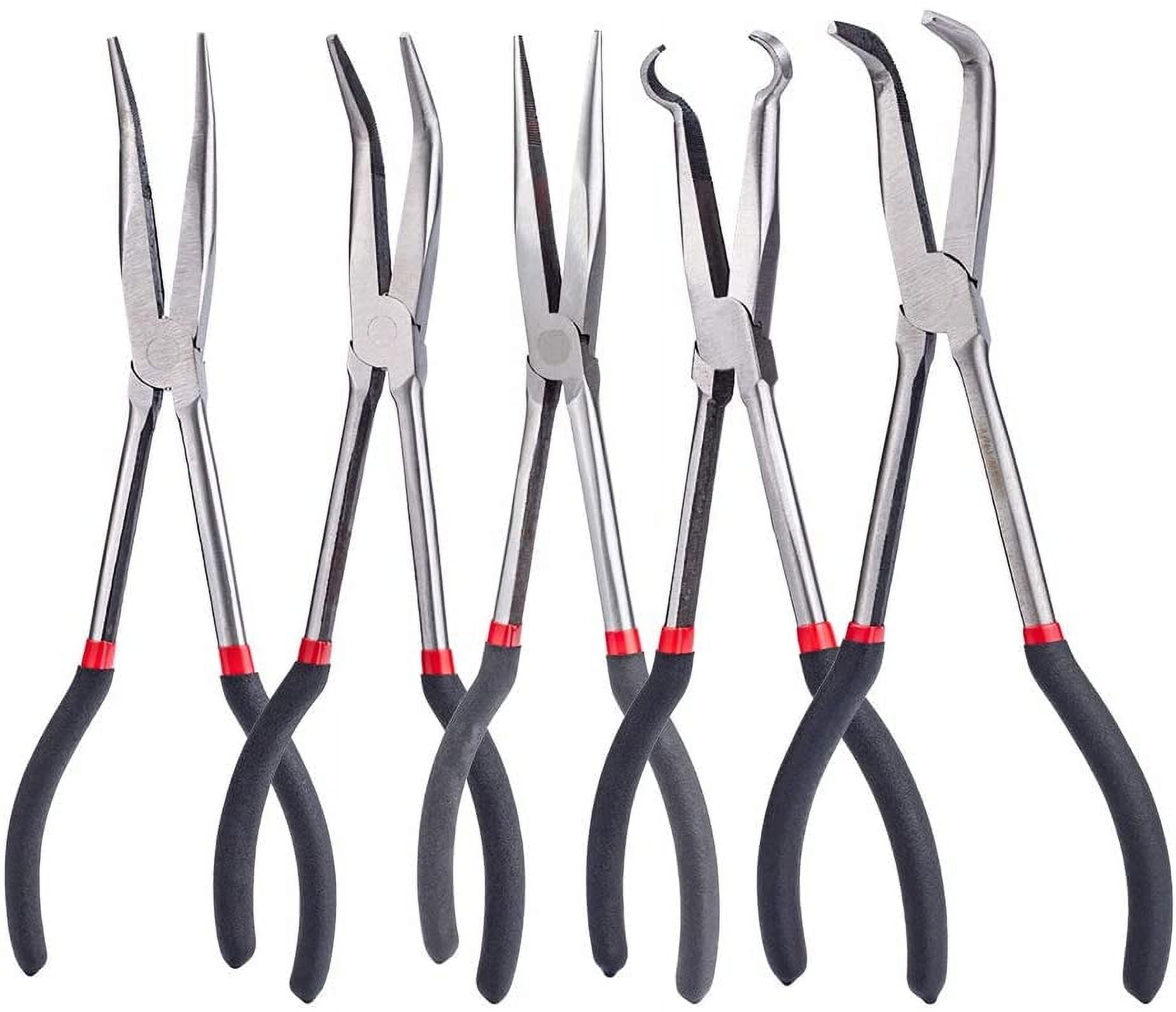 5 Pcs Mini Carbon Steel Lengthened Jewelry Plier Sets Include 25°45°90°Curved Nose Pliers Long for Jewelry Making Reach Hose Grip Pliers and Straight Needle Nose Pliers