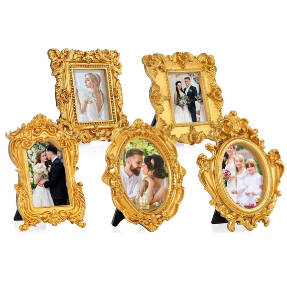 5 Pcs Mini Gold Frame, Gold Picture Frames Vintage Small Oval Rectangle Frames, Tabletop Display or Wall Hanging, Baroque Decor for Wedding Christmas