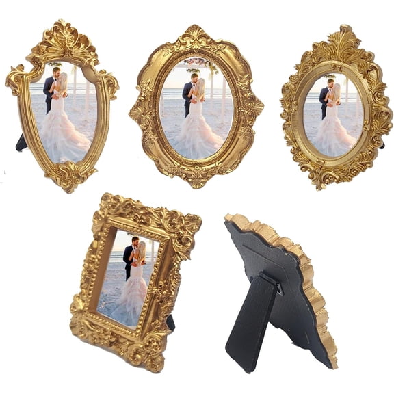 5 Pcs Mini Gold Frames - Small Gold Vintage Flower Oval Rectangle Baroque Frames Table Top Frame for Christmas Holiday Party Decor