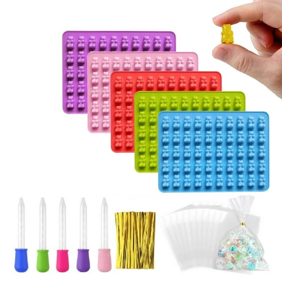 5 Pcs Mini Gummy Bear Moulds, Silicone Candy Moulds Sweet Moulds Ice Cube Trays with 5 Droppers,100 Cellophane Bags, 100 Twist Bars，Reusable Gummy Moulds for Making Bear Chocolate Candy Gummy