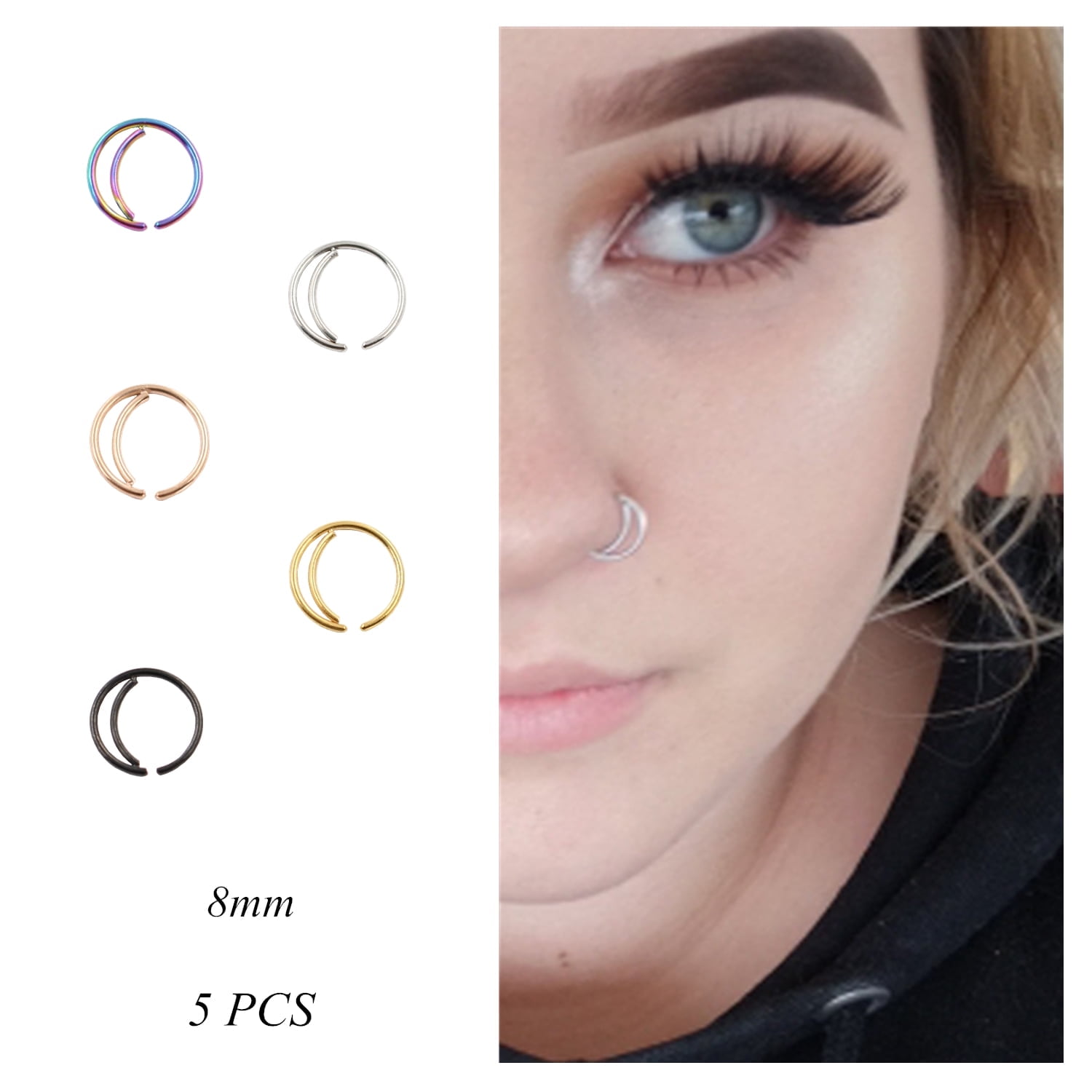 AJ DEFIRO 5 Pcs Moon Nose Rings Hoop 20g Surgical Steel Nose Ring Septum Rings Body Cartilage Piercing Jewelry For Women Girls 20 Gauge Small Earrings
