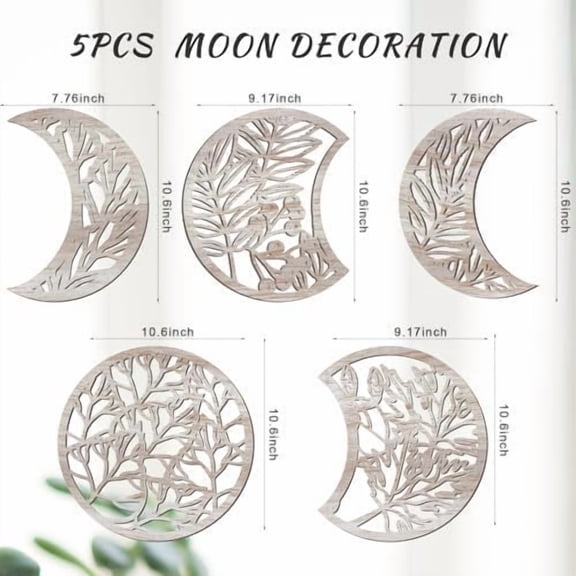 5 Pcs Moon Phase Wall Art Decor Wall Pediments Hanging Wooden Moon Phase Spiritual Bedroom Nordic Boho Lunar Aesthetic Art for Living Room Dorm Apartment Bar Ornament(Vintage Color,10.6 Inch)