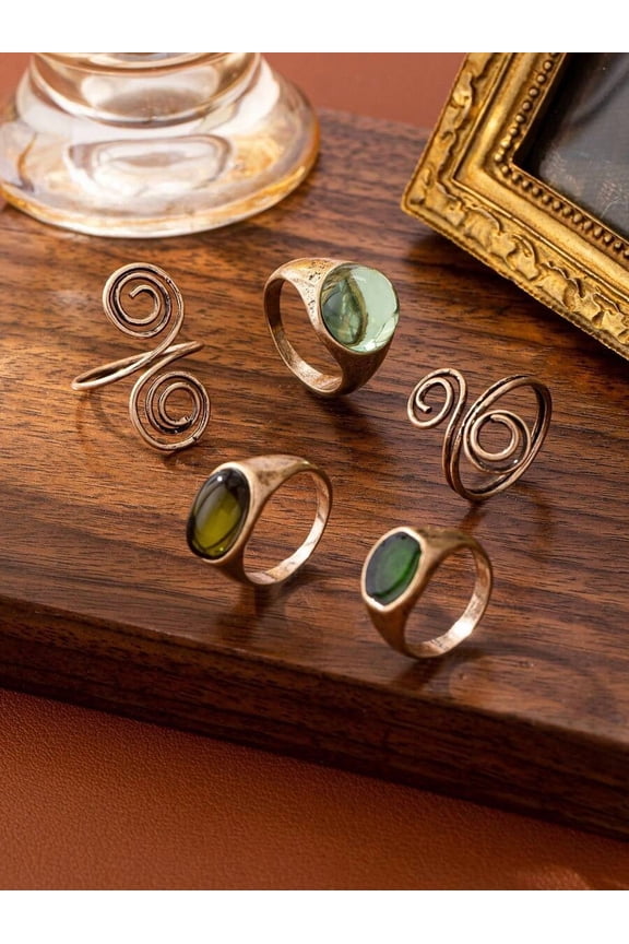 5 Pcs Multicolor Retro Vintage Stacked Swirl Rings Set With Green Resin Stones Statement Jewelry For Women