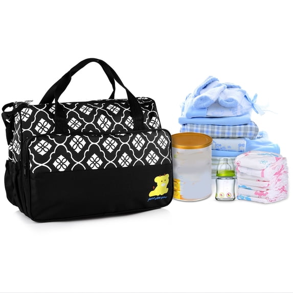 5 Pcs Multifunctional Baby Nappy Diaper Changing Bag Set Maternity Mummy Handbag Portable Nappy Basket Storage Organizer Maternity Baby Bag for Boys Girls Black