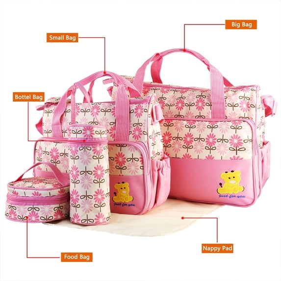 5 Pcs Multifunctional Baby Nappy Diaper Changing Bag Set Maternity Mummy Handbag Portable Nappy Basket Storage Organizer Maternity Baby Bag for Boys Girls Pink