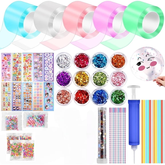 5 Pcs Nano Tape Bubble Kit,1m/3.28 ft Each Roll Nano Tape Bubbles Double Sided Tapes with Luxe Glitter, Beads, Cute Stickes