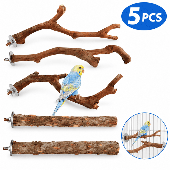 5 Pcs Natural Grape Wood Bird Perches for Cage with Mounting Hardware, Bird Stand Paw Grinding Accessories for Parakeet, Cockatiel, Conure and Budgie