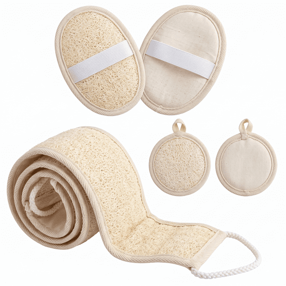 5 Pcs Natural Loofah Bath Kit, Exfoliating Back Scrubber, Body Scrubbers & Mini Facial Sponges for Men Women Shower Cleansing