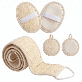 5 Pcs Natural Loofah Bath Kit, Exfoliating Back Scrubber, Body Scrubbers & Mini Facial Sponges for Men Women Shower Cleansing