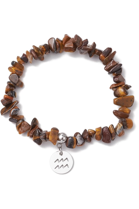 5 Pcs Natural Tiger Eye Chip Beaded Stretch Bracelets 304 Stainless Steel Aquarius Charm Braceletds Tiger EyeBracelets Ornament