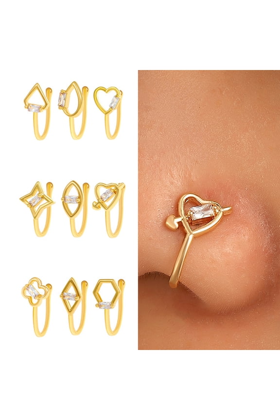 5 Pcs Nose Ring Hoops for Women Geometry Heart Rhinestone U Shaped Nose Hoops Gold Plated Faux Nose Piercing Jewelry