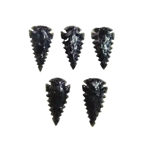 5 Pcs Obsidian Arrowheads 2to2.5" Hand Carved Glass Crystal Knapped Jewelry Set