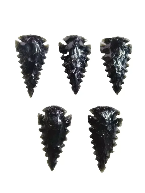 5 Pcs Obsidian Arrowheads 2to2.5" Hand Carved Glass Crystal Knapped Jewelry Set