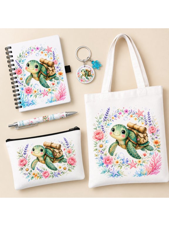 5 Pcs Ocean Turtle Gift Set, Watercolor Sea Theme Stationery Set with Spiral Notebook, Pen, Canvas Tote Bag, Zipper Pouch and Keychain, Gifts for Office, New Term, Birthdays and Learning