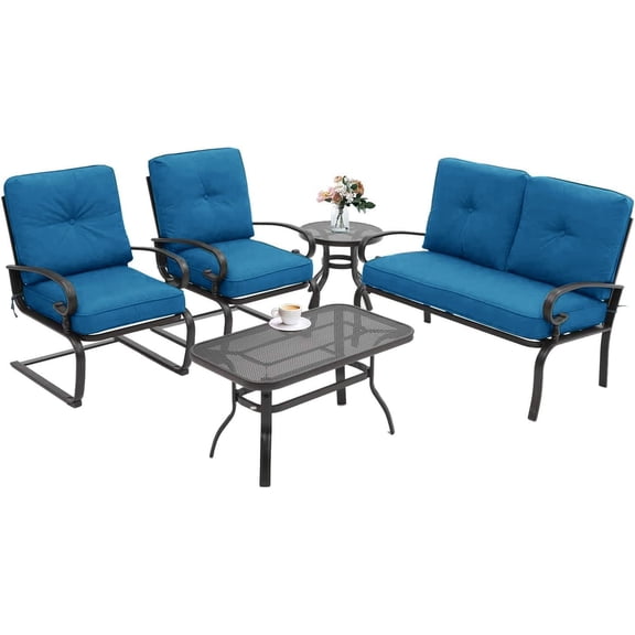 5 Pcs Outdoor Patio Furniture Conversation Sets, Wrought Iron Patio Chairs Bistro Set w/Loveseat, 2 Spring Chairs, and 2 Bistro Tables (Peacock Blue Cushion)