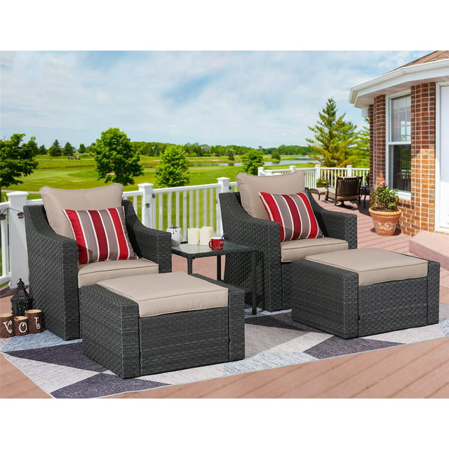 5 Pcs Outdoor Patio Furniture Set All Weather PE Rattan Wicker Cushioned Sectional Sofa Chairs with Ottomans and Side Table, Khaki