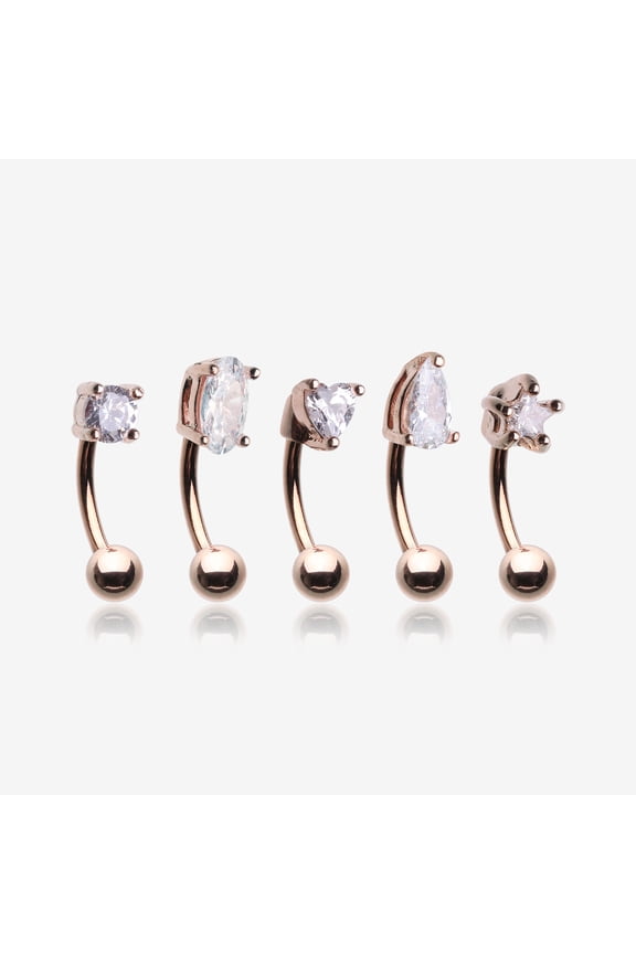 5 Pcs Pack of Assorted Gemstone Prong Set Top Rose Gold Curved Barbells-Clear Gem