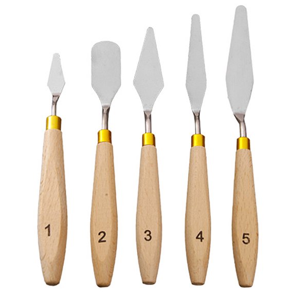 OUNONA Stainless Steel Painting Knives with Wood Handle for Art Class and Mural Techniques 5 Pcs Set