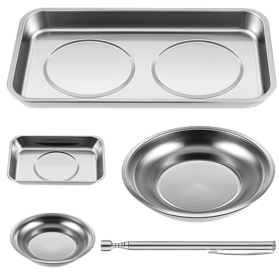 5 Pcs Parts Tray with Strong Attachment, Stainless Steel Mechanic Tool Holder with Strong Base, Telescopic Pickup Tool for Screws, Nuts, Bolts, Workshop, Garage, Auto Repair