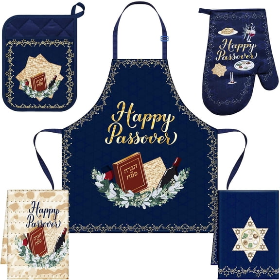 5 Pcs Passover Hostess Present Passover Apron Pot Holder Oven Mitts Kitchen Towels Set Passover Kitchen Accessories Passover Cooking Gift for Women Men