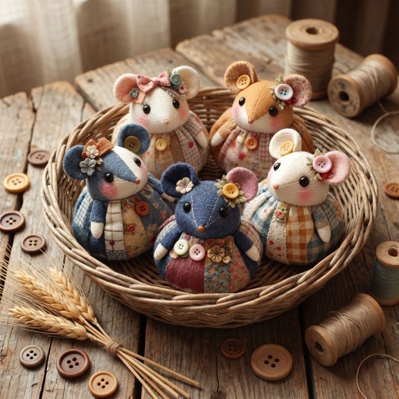 5 Pcs Patchwork Mouse DIY Kit, Cute Mouse Ornament DIY Kit, with Floral Fabric, Stuffing, Buttons, Handmade Sewing Craft Set, for Mouse Making, for Adults, Beginners Gift for Birthdays, Holidays