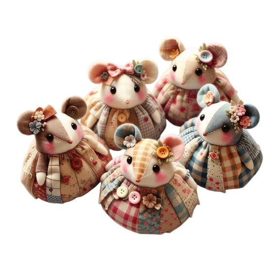 5 Pcs Patchwork Mouse DIY Kit, Handmade Sewing Craft Kit with Floral Fabric, Stuffing, Buttons, Cute Mouse Ornament DIY Kit for Beginners