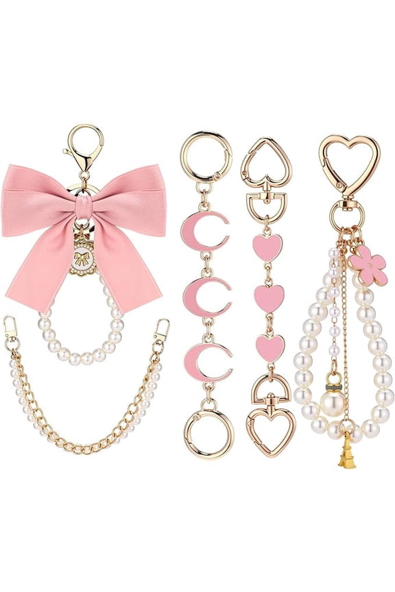 5 Pcs Pearl Bag Extender Chain & Ribbon Bow Purse Charms, Decorative Handbag Strap Extension, Elegant Pearl Keychain Extender for Purses, Clutches & Shoulder Bags, Assorted Styles
