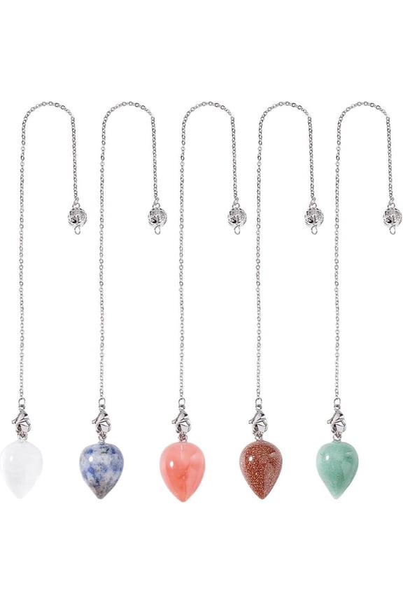 5 Pcs Pendulum for Divination 5 Styles Natural Gemstone Dowsing Pendulum Teardrop Point Pendulums Accessories for Meditation Zen 9inch(23cm) Black DIY