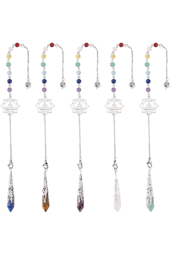 5 Pcs Pendulum for Divination 5 Styles Natural Wrapped Gemstone Dowsing Pendulum with Lotus Charms Point Pendulums for Meditation Zen 11.9inch(30.3cm)