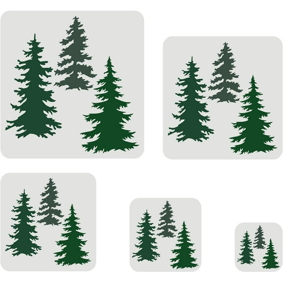 5 Pcs Pine Tree Stencils Square in 5 Sizes 11.8/9.8/7.9/5.9/3.9inch Reusable Aspen Pine Tree Stencil for Painting on Wall Canvas Tile Furniture and Paper