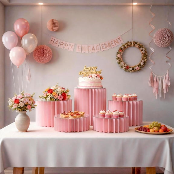 5 Pcs Pink Buffet Risers Food Display Stand Set for Party Dessert Table, Cake Cupcake Jewelry Riser Combo with High Density Paper Base