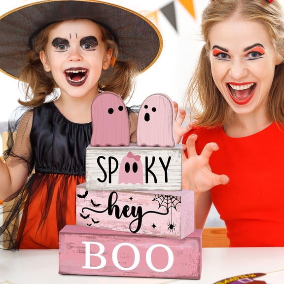 5 Pcs Pink Ghost Summer Halloween Decorations Indoor Pastel Pink Ghost Table Decor Wooden Signs Cute Blocks Rustic Halloween Tiered Tray Decor for Home Office Desk Shelf Mantel