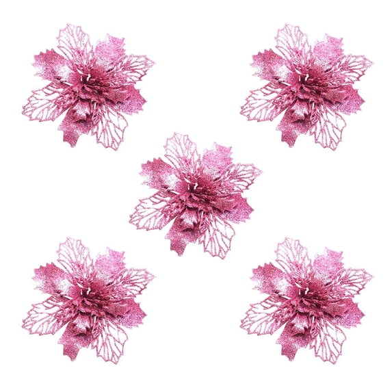 5 Pcs Pink Glitter Poinsettia Christmas Tree Ornaments, Artificial Christmas Flowers for Tree Wreath and Garland, Sparkling Christmas Decorations for Holiday Home Party Decor