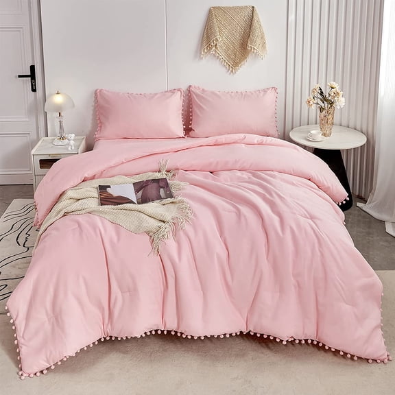5 Pcs Pink Pom Pom Comforter Twin Size Aesthetic Boho Pom Fringe Bedding Set with Sheet Ultra Soft Lightweight Farmhouse Bedding Quilt Set for Girls Kids(Pink, Twin)