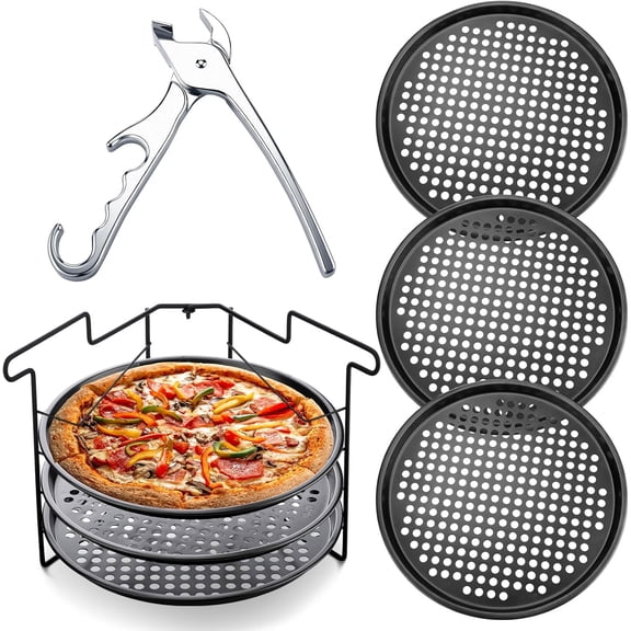 5 Pcs Pizza Baking Tray Set 3 Pcs 12.6" Perforated Pizza Pans with Holes 1 Folding Pizza Rack Non Stick Pizza Stand 1 Pizza Pan Gripper for Oven Grill Baking Accessories Home Restaurant Party