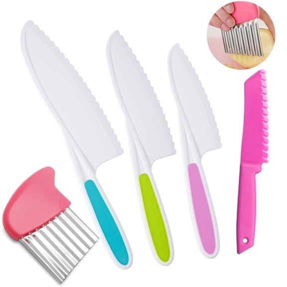5 Pcs Plastic Kitchen Knife Set for Kids,Children's Silicone Safe Knifes,Potato Crinkle Cutter,Reusable Cooking Knives,Firm Grip, Serrated Edges,for Fruit Vegetable Cake (Multicolor)