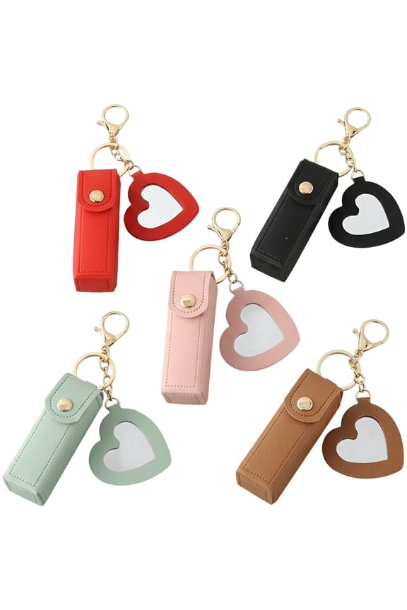 5 Pcs Portable Lipstick Case Keychain Set, Emerald Green, Brown, Black, Pink, Red PU Leather Lip Balm Holder Keyring with Mirror, Mini Lip Gloss Balm Organizer Fob, 6.1 in / 15.5 cm Total Length