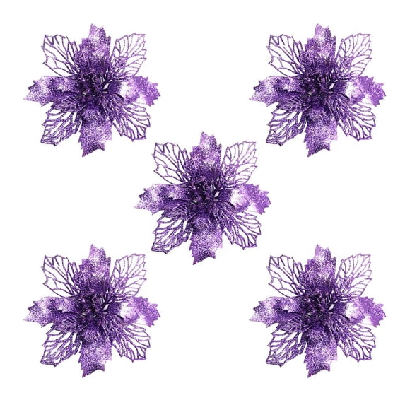 5 Pcs Purple Glitter Poinsettia Christmas Tree Ornaments, Artificial Christmas Flowers for Tree Wreath and Garland, Sparkling Christmas Decorations for Holiday Home Party Decor