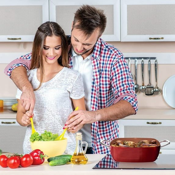 5 Pcs Red Copper Chef Cookware Set Non Stick Deep Frying Pan Fry Basket Steamer Rack 5 Qt Square Induction Safe