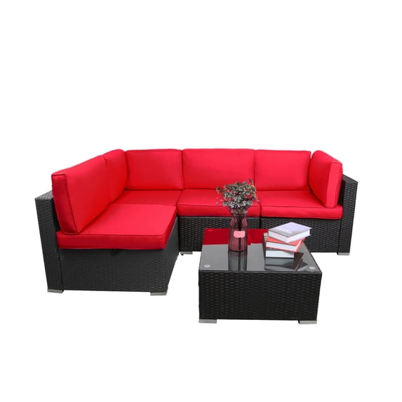 5 Pcs Red Patio Sofa PE Rattan Outdoor Wicker Patio Conversation Set by LAZYLAND