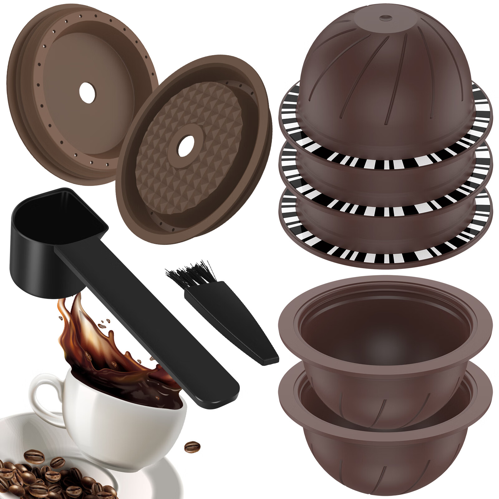 5 Pcs Reusable Coffee Capsules Set with 2 Silicone Lids Spoon and Brush