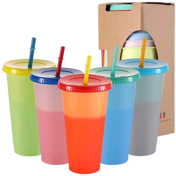 5 Pcs Reusable Cups with Lids & Straws,Plastic Color Changing Tumblers,24 Oz Restaurant-style Fashion Cup,Leak Proof Coffee Tumblers,Cold Drinking Tumblers for Home,Party