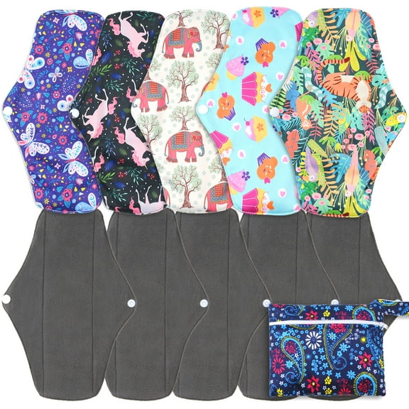 5 Pcs Reusable Menstrual Pads,Ultra Absorbent Bamboo Fleece Cloth Pads for Light / Heavy Flow,Sanitary Pads for Teens,Women,Nonslip Panty Liners + 1 Pc Wet Bag (Multicolor)