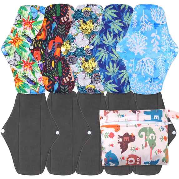 5 Pcs Reusable Sanitary Pads,Washable Multicolor Cloth Menstrual Pads/Menstrual Towel/Sanitary Napkins with Bamboo Charcoal Absorbent Layer,Bamboo Cloth Pads with 1 Mini Waterproof Portable Bag