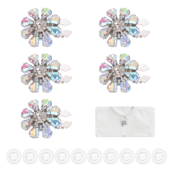 5 Pcs Rhinestone Button Covers Decorative Clips with 10 Pcs White Sewing Buttons Detachable Water Drop Sewing Replacement for Women Men DIY Craft Accessories (AB Iridescent/Silver)