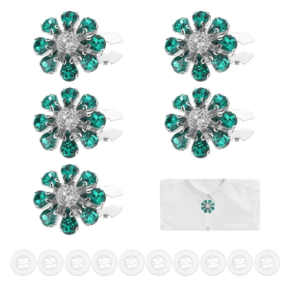 5 Pcs Rhinestone Button Covers Decorative Clips with 10 Pcs White Sewing Buttons Detachable Water Drop Sewing Replacement for Women Men DIY Crafts Accessories (Green/Silver)